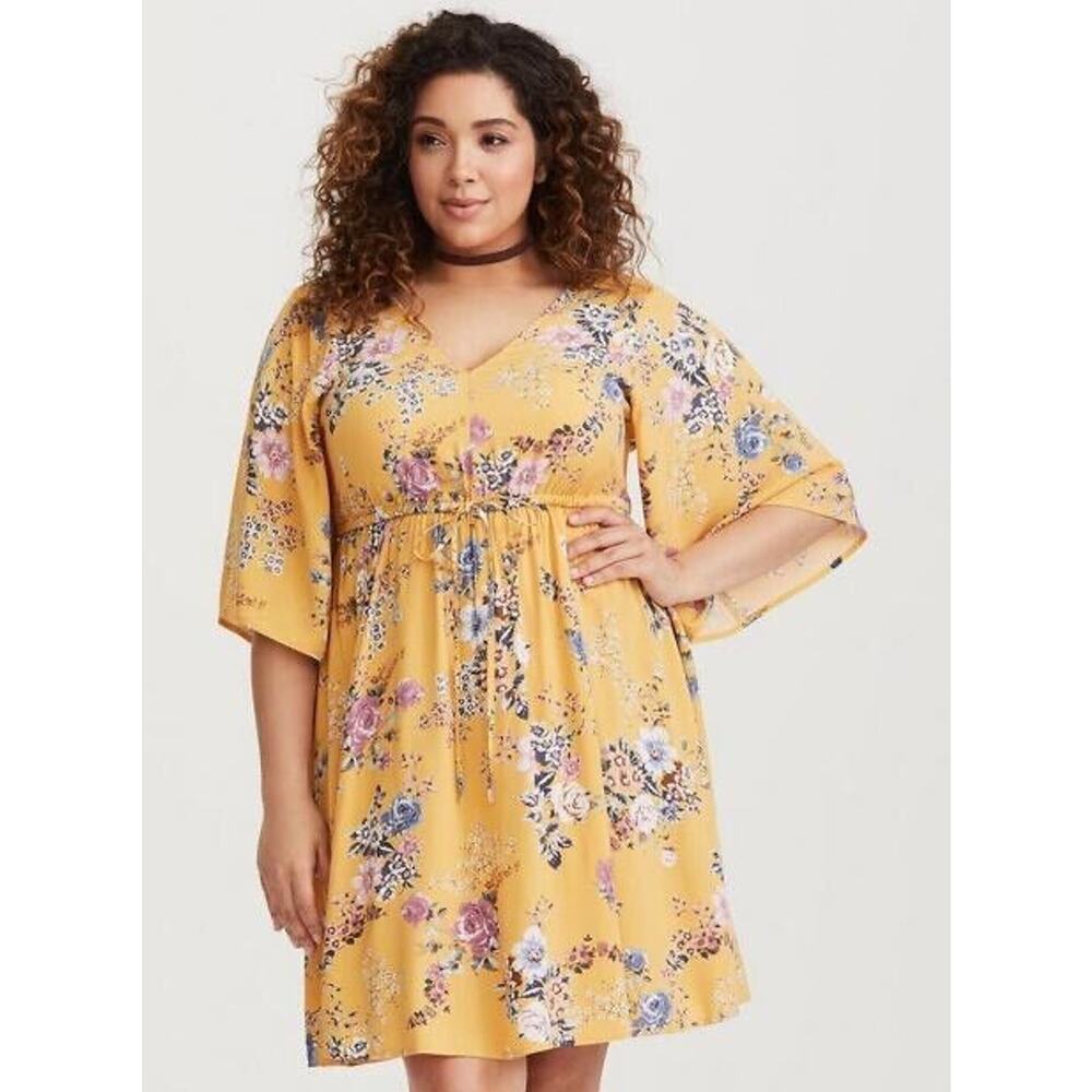 Torrid 00 Medium Mini Challis Skater Dress Rayon Yellow Floral